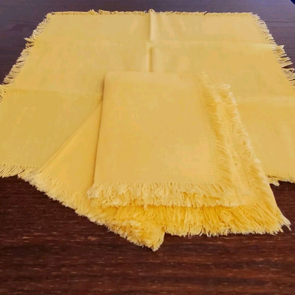 Vintage Set Of‎ 4 Linen Hand Stitched w/ Fringe Yellow Tablecloth Napkins NWOT